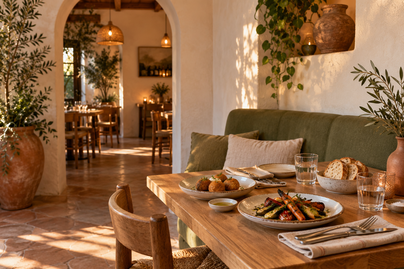 Mesa con platos para compartir en un restaurante cálido de estilo mediterráneo