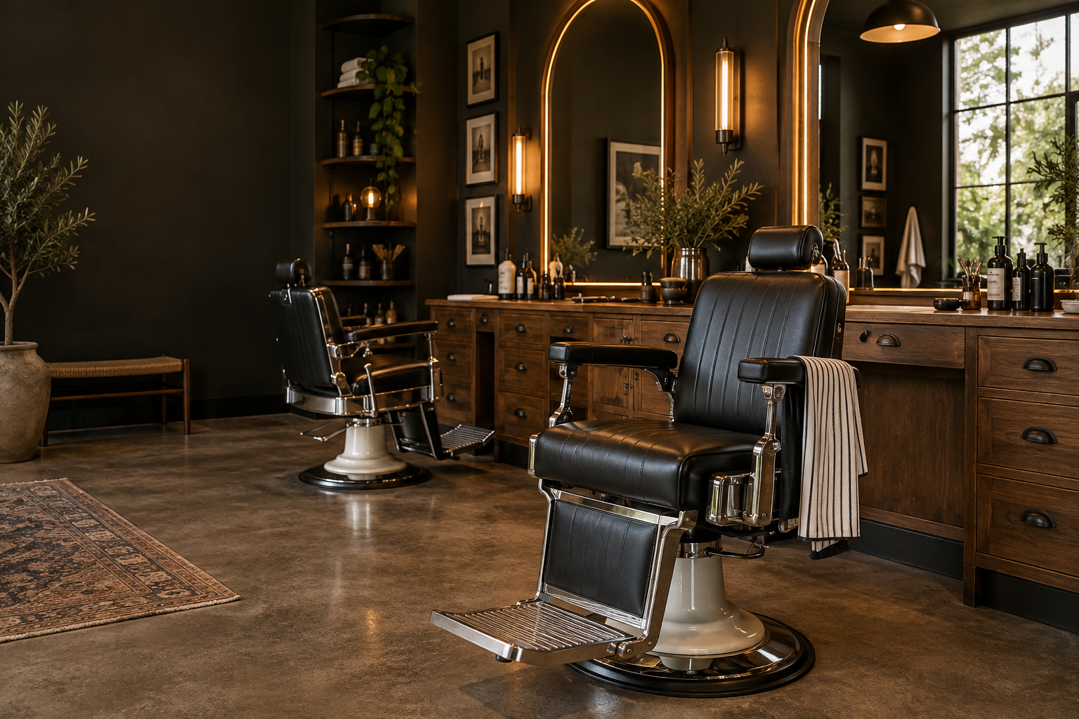 Interior de barbería con sillones negros, madera y espejos iluminados